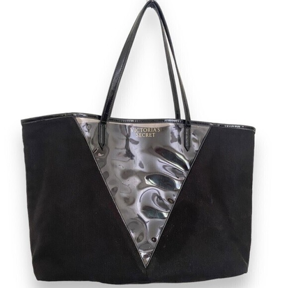 Victoria's Secret BLK Shimmer Canvas Tote Clear Plastic Front V Panel Tiger Bag - Picture 13 of 13